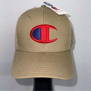 Champion Mens Trucker Hat Snapback Adjustable Beige Mesh Back Embroidered Logo